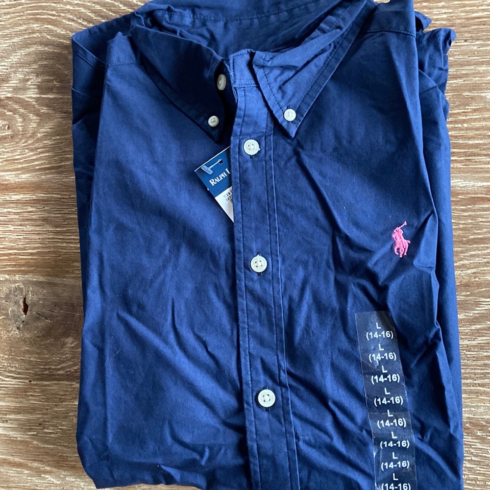 Polo Ralph Lauren Boys Short Sl. button down shirt navy blue  Size L 14/16 NWT